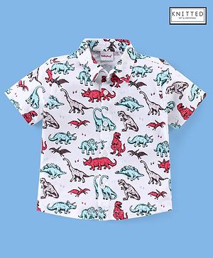 Babyhug Cotton Knitted Half Sleeves Dino Print Shirt- White