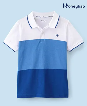 Honeyhap Premium Cotton Pique Half Sleeves Color Block Polo T-Shirt with Bio Finish - White