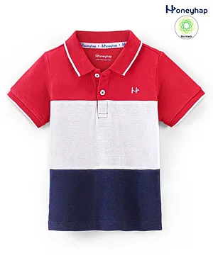 Honeyhap Premium Cotton Pique Half Sleeves Color Block Polo T-Shirt with Bio Finish - High Risk Red