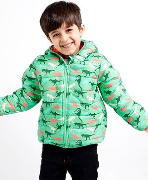 Babyhug Woven Full Sleeves Jacket With Hood & Dino Print - Green