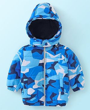 Babyhug Woven Full Sleeves Hooded Jacket Camo Print - Blue