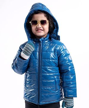 Babyhug Full Sleeves Solid Colour Padded Jacket with Detachable Hood - Blue