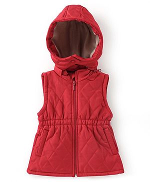 Babyhug Woven Sleeveless Solid Jacket with Hood - Red