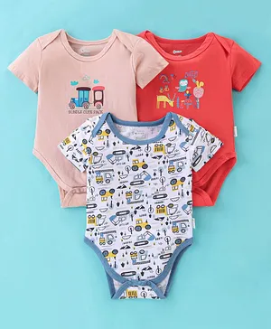 OHMS Single Jersey Half Sleeves Onesies Construction Vehicle Print Pack of 3 - White Pink & Red
