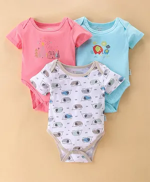 Ohms Single Jersey Half Sleeves Onesies House & Elephant Print Pack of 3- Pink Blue & White