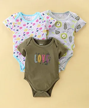 Ohms Single Jersey Half Sleeves Onesies Lion & Floral Print Pack of 3- Green Grey & White