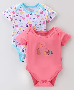 Ohms Single Jersey Half Sleeves Onesies House & Floral Print Pack of 2- Pink & White