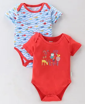 Ohms Single Jersey Half Sleeves Onesies Fish & Owl Print Pack of 2- Blue & Red