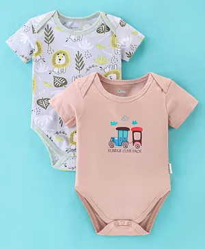 OHMS Single Jersey Half Sleeves Onesies Jungle Print Pack of 2 - Pink & Grey