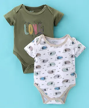 Ohms Single Jersey Half Sleeves Onesies Elepahnt & Text Print Pack of 2- Green & White