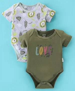 Ohms Single Jersey Half Sleeves Onesies Lion & Text Print Pack of 2- Green & Grey