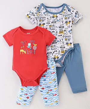 OHMS Single Jersey Half Sleeves Onesies with Lounge Pant Construction Vehicle Print Pack of 2 - Red White & Blue