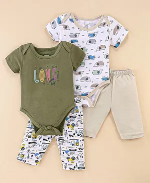 OHMS Single Jersey Half Sleeves Onesies With Leggings Text & Elephant Print Pack of 2- Green & White