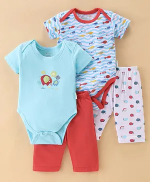 OHMS Single Jersey Half Sleeves Onesies with Lounge Pant Marine Life Print Pack of 2 - Red White & Blue