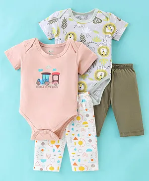 OHMS Single Jersey Half Sleeves Onesies with Lounge Pant Jungle Print Pack of 2 - Grey Pink & Green