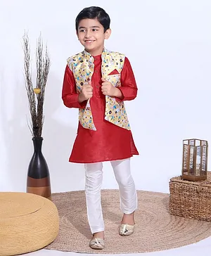 Ridokidz Full Sleeves Solid Kurta & Salwar With Seamless Dogs & Flowers Printed Asymmetrical Hem Detailed Jacket - Maroon