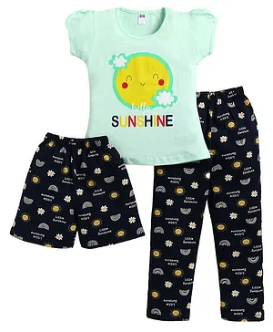 Nottie Planet Short Puffed Sleeves Sunshine Printed Tee Pants & Shorts Set - Pista Green