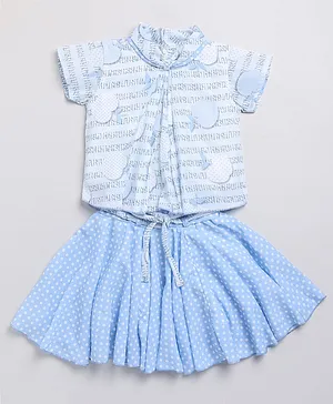 Nottie Planet Half Sleeves Apple Printed Top & Polka Dotted Skirt Set -Blue