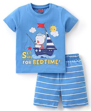 Babyhug Cotton Half Sleeves Night Suit Stripes & Bear Print- Blue