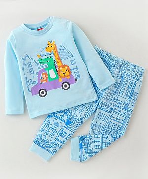 Babyhug Cotton Knit Full Sleeves Animal Print Night Suit - Blue