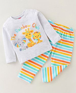 Babyhug Cotton Knit Full Sleeves Striped & Animals Printed Night Suit - Multicolour