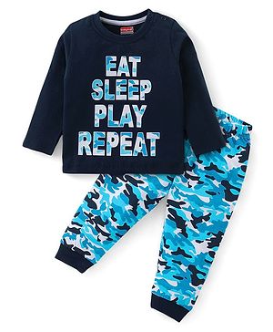 Babyhug Cotton Knit Full Sleeves Night Suit Text & Camo Print - Navy Blue