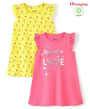 Honeyhap Premium Cotton Sleeveless Nighty With Bio Wash Floral & Text Print Pack Of 2 - Pink & Yellow