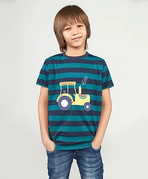 Harbour9 Half SleevesStriped Tractor Printed Tee - Dark Green