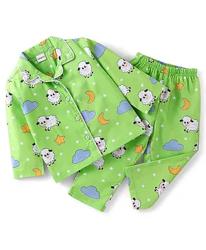 Babyhug Cotton Woven Full Sleeves Night Suit Sheep Print - Green
