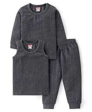 Babyhug Thermal Full Sleeves Solid Vest Sando & Pajama Set - Dark Grey