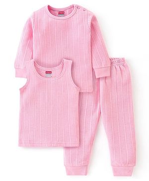 Babyhug Cotton Full Sleeves Solid Thermal Vests & Pajama Set -Pink