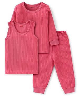 Babyhug Cotton Full Sleeves Solid Color Vest Pullover & Bottom Thermal Wear Combo Pack Of 3 - Coral