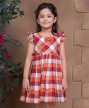 Soleilclo Flutter Sleeves Checks Cotton Dress- Orange