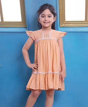 Soleilclo Flutter Sleeves  Hand Embroidered  Gauze And Gathered  Dress - Peach