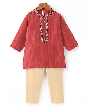 Babyhug Full Sleeves Solid Kurta Pyjama Set - Orange & Red