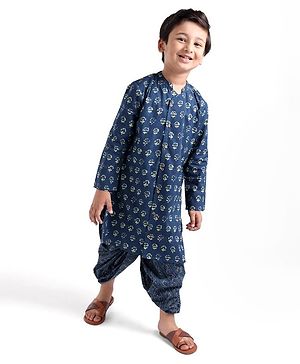Babyhug 100% Cambric Full Printed Front Open Kurta With Dhoti Set- Indigo