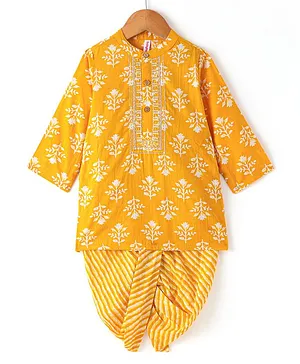 Babyhug 100% Cotton Woven Full Sleeves Floral Printed  Kurta Dhoti  Set - Mustard