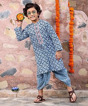 Babyhug 100% Cotton Full Sleeves Woven Floral Printed Kurta Dhoti Set - Blue