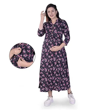Mamma's Maternity Three Fourth Sleeves Seamless Floral Swirl Printed Maternity Dress With Concealed Zipper Nursing Access - Black