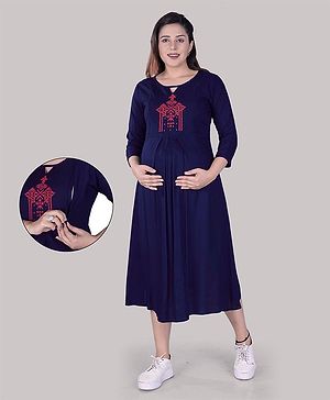 Mamma's Maternity Three Fourth Sleeves Yoke Embroidered Maternity Dress With Concealed Zipper Nursing Access - Navy Blue