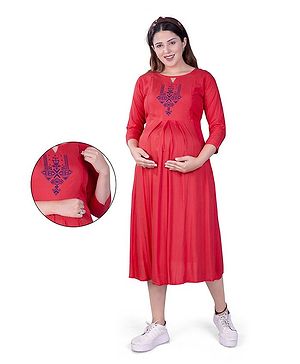 Mamma's Maternity Three Fourth Sleeves Yoke Embroidered Maternity Dress With Concealed Zipper Nursing Access - Peach