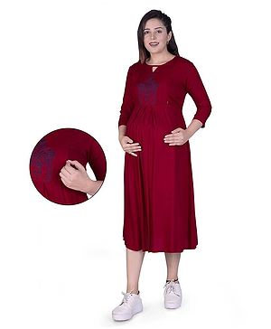 Mamma's Maternity Three Fourth Sleeves Yoke Embroidered Maternity Dress With Concealed Zipper Nursing Access - Maroon