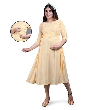 Mamma's Maternity Three Fourth Sleeves Striped Maternity Dress With Concealed Zipper Nursing Access - Light Yellow