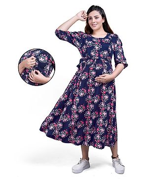 Mamma's Maternity Three Fourth Sleeves Seamless Floral Printed Maternity Dress With Concealed Zipper Nursing Access - Navy Blue