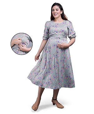 Mamma's Maternity Three Fourth Sleeves Seamless Floral Printed Maternity Dress With Concealed Zipper Nursing Access - Grey