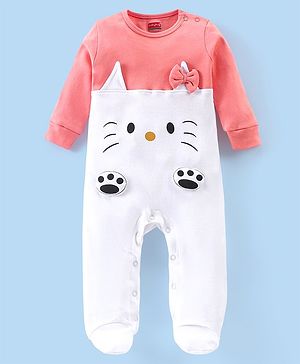 Babyhug Cotton Knit Full Sleeves Kitty Applique Footed Sleepsuit - White & Pink