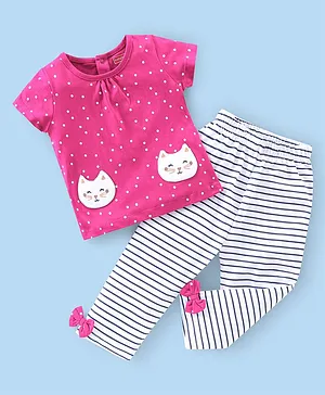 Babyhug Cotton Knit Half Sleeves Night Suit Kitty Patch & Dots Print - Pink & White