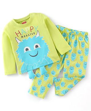 Babyhug Cotton Knit Full Sleeves Monster Printed Night Suit - Green