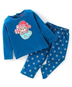Babyhug Cotton Knit Full Sleeves Bear & Snowflakes Printed Night Suit - Blue
