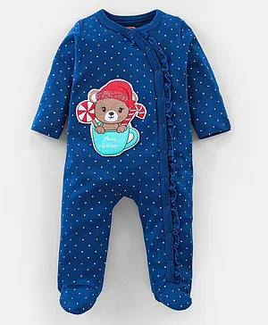 Babyhug Cotton Knit  Full Sleeves Sleepsuit Bear Printed - Blue